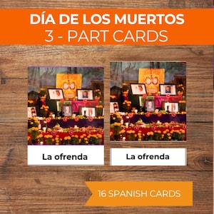 Peut inclure: Cartes éducatives pour le Jour des Morts. L'image montre deux cartes avec une scène d'autel colorée, intitulée "La ofrenda". La bannière supérieure indique "Día de los Muertos 3 - Part Cards". Une bannière inférieure indique "16 Spanish Cards."