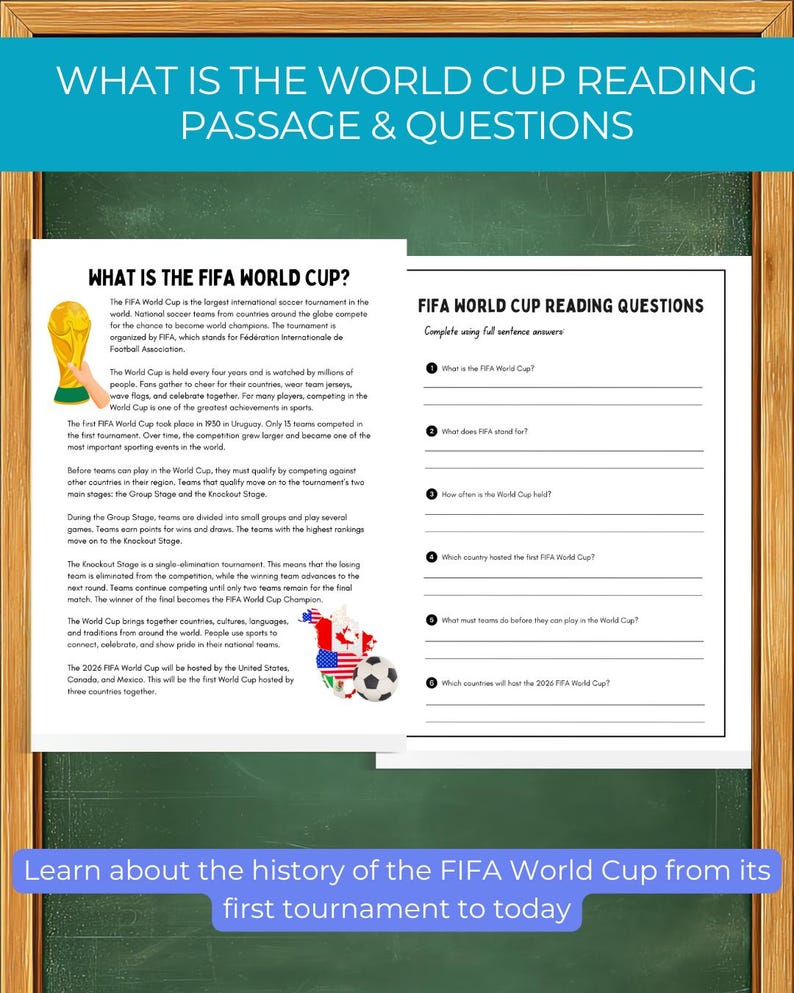 K&ouml;nnte beinhalten: Lehrreiches Poster &uuml;ber die FIFA Fussball-Weltmeisterschaft mit Text und Fragen. Das Poster enth&auml;lt Informationen &uuml;ber die Geschichte, das Format und die teilnehmenden L&auml;nder des Turniers. Ein Fussball und Flaggen sind ebenfalls abgebildet.