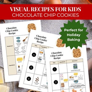 May include: Recipe sheets for chocolate chip cookies, with the text "VISUAL RECIPES FOR KIDS CHOCOLATE CHIP COOKIES." Ingredients include butter, eggs, and chocolate chips. The image also includes eggs, cinnamon sticks, and other baking ingredients.