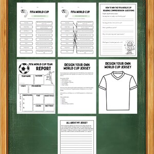 K&ouml;nnte beinhalten: Eine Sammlung von schwarz-wei&szlig;en Arbeitsbl&auml;ttern zum Thema Fu&szlig;ball. Die Arbeitsbl&auml;tter umfassen Ausf&uuml;llaktivit&auml;ten, einen Teambericht und Trikotdesignvorlagen. Der Text enth&auml;lt "FIFA World Cup" und "Design Your Own World Cup Jersey".