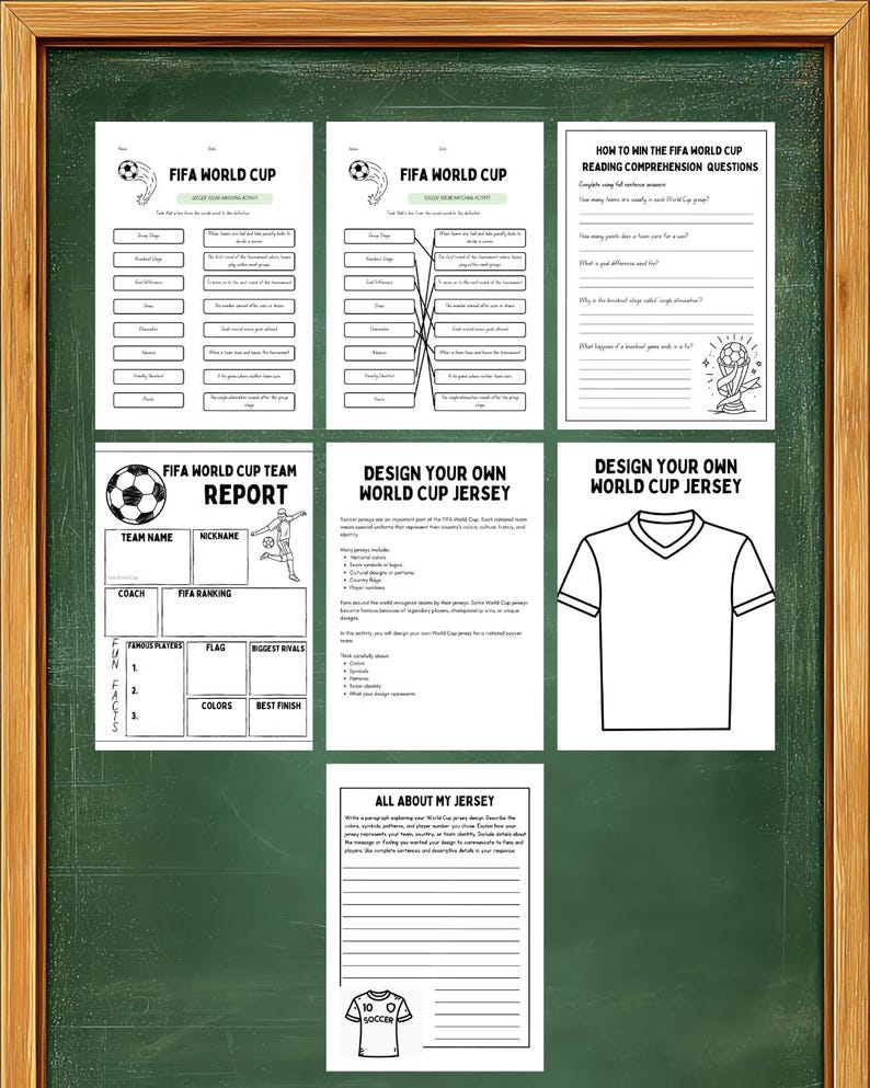 K&ouml;nnte beinhalten: Eine Sammlung von schwarz-wei&szlig;en Arbeitsbl&auml;ttern zum Thema Fu&szlig;ball. Die Arbeitsbl&auml;tter umfassen Ausf&uuml;llaktivit&auml;ten, einen Teambericht und Trikotdesignvorlagen. Der Text enth&auml;lt "FIFA World Cup" und "Design Your Own World Cup Jersey".