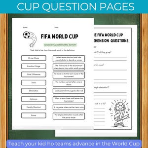 K&ouml;nnte beinhalten: Lehrbl&auml;tter mit dem Text "HOW TO WIN THE WORLD CUP QUESTION PAGES" und "FIFA WORLD CUP". Die Arbeitsbl&auml;tter enthalten Fu&szlig;ball-Vokabelzuordnungen und Verst&auml;ndnisfragen. Das Bild befindet sich auf einem Tafelhintergrund.