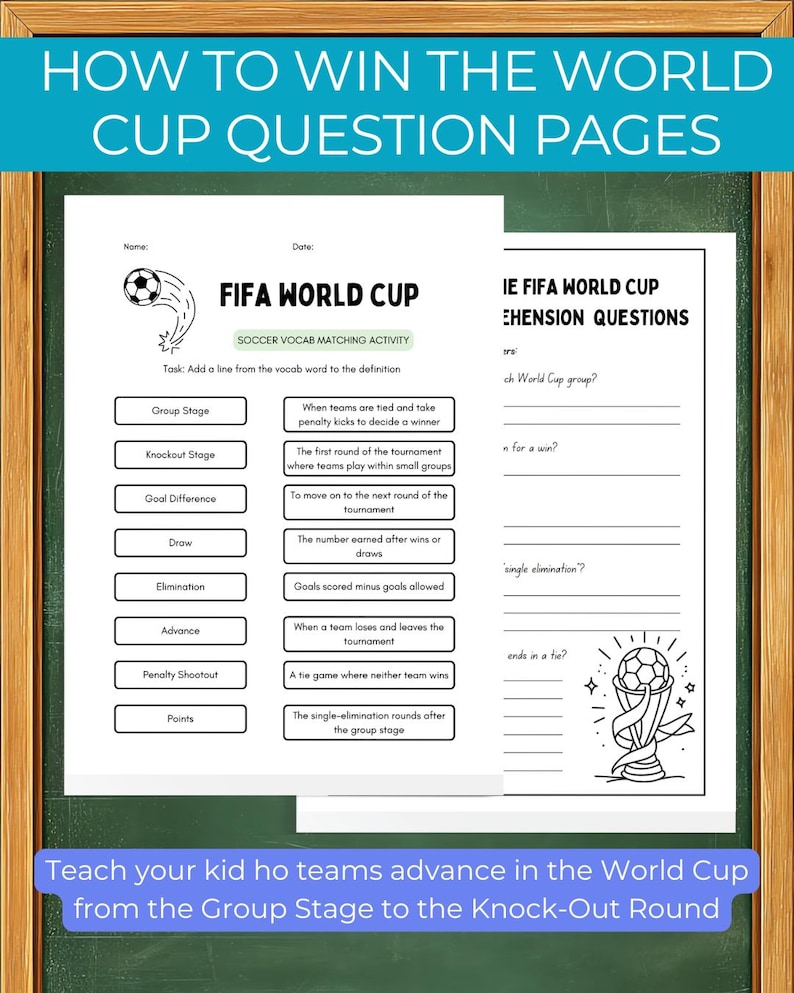 K&ouml;nnte beinhalten: Lehrbl&auml;tter mit dem Text "HOW TO WIN THE WORLD CUP QUESTION PAGES" und "FIFA WORLD CUP". Die Arbeitsbl&auml;tter enthalten Fu&szlig;ball-Vokabelzuordnungen und Verst&auml;ndnisfragen. Das Bild befindet sich auf einem Tafelhintergrund.