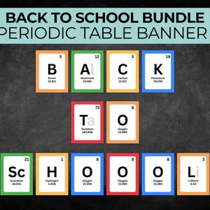 May include: A periodic table banner for back to school. The banner spells out "BACK TO SCHOOL" using element symbols. Each element card has the element's symbol, atomic number, and atomic mass. The background is a chalkboard.