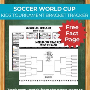 May include: A white paper soccer tournament bracket tracker featuring the text Soccer World Cup Kids Tournament Bracket Tracker, World Cup Tracker Group Stage, World Cup Tracker Knock-Out Games, Free Fact Page, and Champions with a trophy icon.