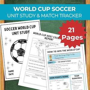 May include: A collection of educational worksheets for a World Cup soccer unit study. The pages include a soccer ball graphic, a world map, and instructions on how to win the World Cup. The text includes "World Cup Soccer Unit Study & Match Tracker" and "21 Pages."