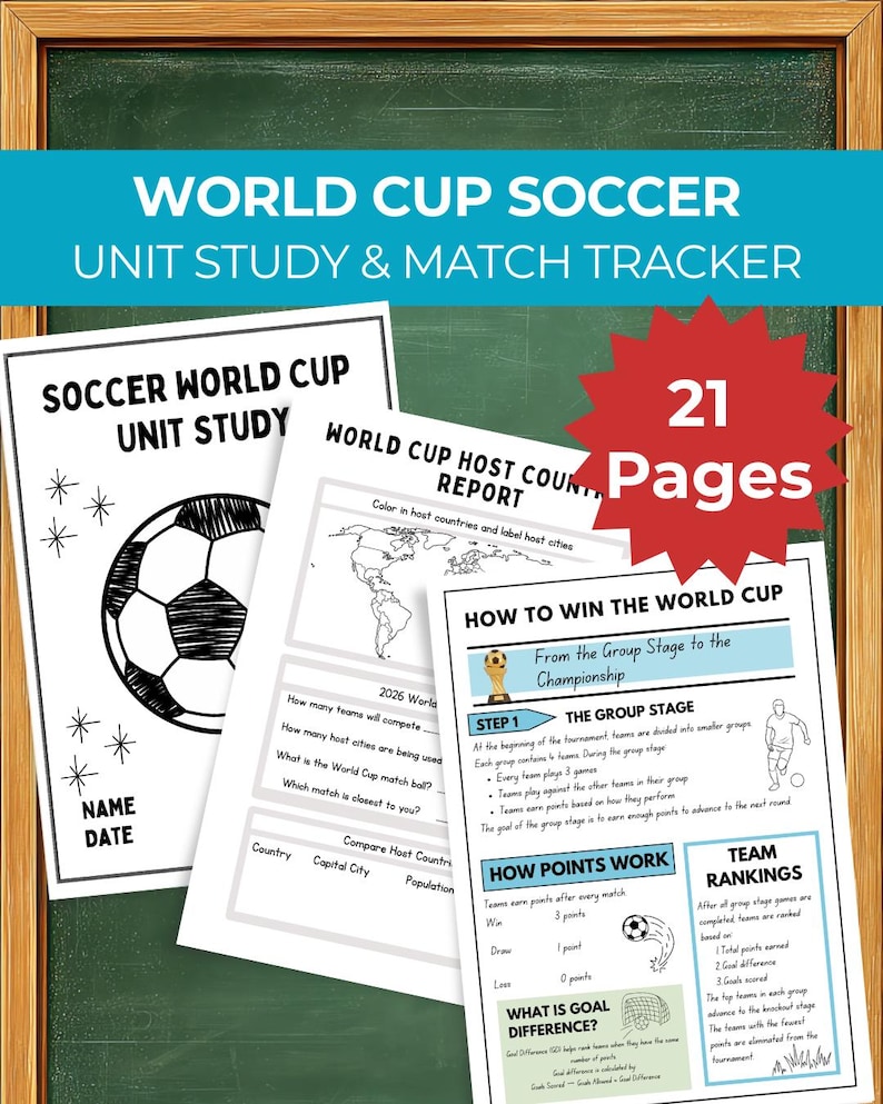 K&ouml;nnte beinhalten: Lehrbl&auml;tter f&uuml;r eine Fu&szlig;ball-Weltmeisterschaft-Studie. Sie zeigen eine Fu&szlig;ballgrafik, eine Weltkarte und Anweisungen zum Gewinnen der Weltmeisterschaft. Der Text enth&auml;lt "World Cup Soccer Unit Study & Match Tracker" und "21 Pages".