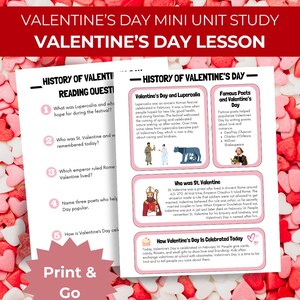 Può includere: Piano di lezione di San Valentino con domande di lettura e informazioni storiche. Il testo include dettagli su Lupercalia, San Valentino e poeti famosi. Le parole "Print & Go" sono visibili.
