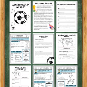 K&ouml;nnte beinhalten: Ein fu&szlig;ballbasiertes Lernmaterial, das auf einer Tafel angezeigt wird. Die Studie umfasst Arbeitsbl&auml;tter zur FIFA Fussball-Weltmeisterschaft, zum Fu&szlig;ballvokabular und zu den Gastgeberl&auml;ndern. In der oberen linken Ecke befindet sich eine Fussballgrafik und der Text "SOCCER WORLD CUP UNIT STUDY".