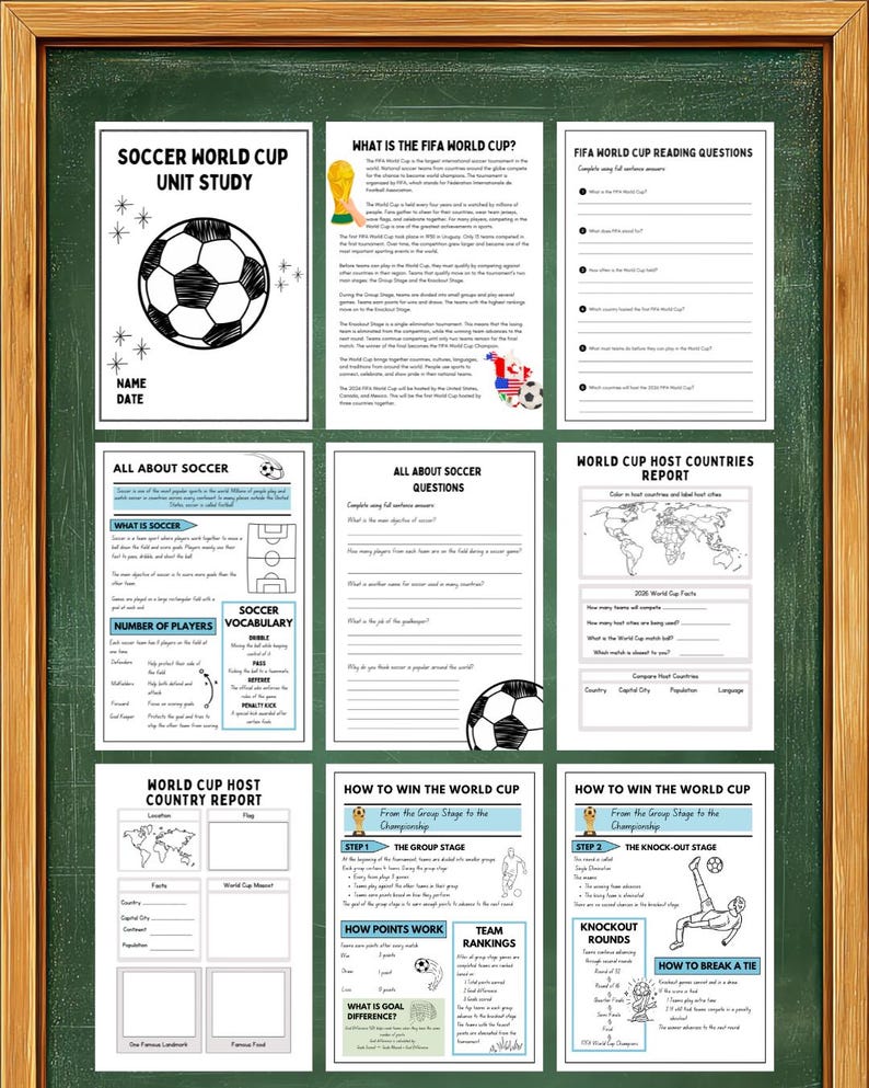 K&ouml;nnte beinhalten: Ein fu&szlig;ballbasiertes Lernmaterial, das auf einer Tafel angezeigt wird. Die Studie umfasst Arbeitsbl&auml;tter zur FIFA Fussball-Weltmeisterschaft, zum Fu&szlig;ballvokabular und zu den Gastgeberl&auml;ndern. In der oberen linken Ecke befindet sich eine Fussballgrafik und der Text "SOCCER WORLD CUP UNIT STUDY".