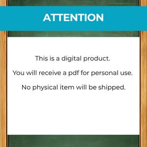 K&ouml;nnte beinhalten: Gerahmtes Bild mit einem t&uuml;rkisfarbenen Banner mit der Aufschrift "ATTENTION". Darunter steht wei&szlig;er Text auf wei&szlig;em Hintergrund: "Dies ist ein digitales Produkt. Sie erhalten ein PDF f&uuml;r den pers&ouml;nlichen Gebrauch. Es wird kein physischer Artikel versendet."