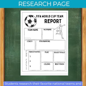 K&ouml;nnte beinhalten: Eine schwarz-wei&szlig;e Fu&szlig;ball-Team-Rechercheseite mit dem Titel "FIFA World Cup Team Report". Sie enth&auml;lt Abschnitte f&uuml;r Teamname, Spitzname, Trainer, FIFA-Ranking, ber&uuml;hmte Spieler, Flagge, Farben, gr&ouml;&szlig;te Rivalen und bestes Ergebnis. Der Text "Soccer Team Research Page" steht oben.