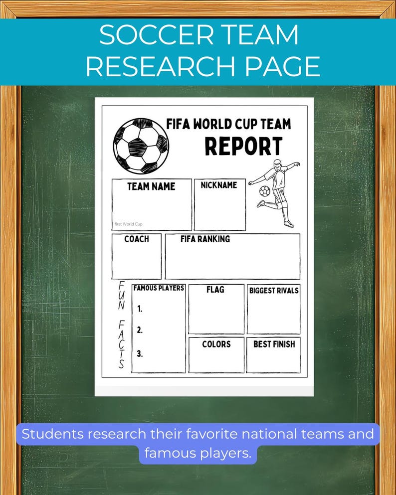 K&ouml;nnte beinhalten: Eine schwarz-wei&szlig;e Fu&szlig;ball-Team-Rechercheseite mit dem Titel "FIFA World Cup Team Report". Sie enth&auml;lt Abschnitte f&uuml;r Teamname, Spitzname, Trainer, FIFA-Ranking, ber&uuml;hmte Spieler, Flagge, Farben, gr&ouml;&szlig;te Rivalen und bestes Ergebnis. Der Text "Soccer Team Research Page" steht oben.