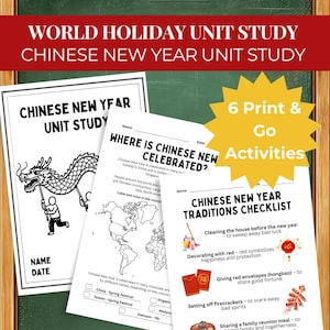 以下が含まれることがあります： 中国の新年ユニットスタディ用の印刷可能なワークシートのコレクション。ワークシートには、伝統のチェックリスト、地図アクティビティ、ドラゴンの絵が含まれています。テキストには「World Holiday Unit Study」と「6 Print & Go Activities」が含まれています。