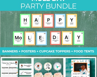 Paquete imprimible para fiesta del Día del Topo, pancarta de ciencias para secundaria, pósteres STEM para secundaria, carpas de comida para fiestas de ciencias, fiesta de química