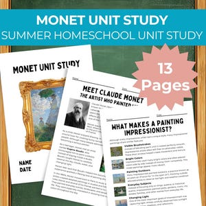 Könnte beinhalten: Ein 13-seitiges Monet-Unterrichtsmaterial für den Heimunterricht mit Arbeitsblättern. Die Seiten enthalten Texte über Claude Monet, sein Leben und impressionistische Maltechniken sowie Bilder seiner Kunstwerke und eine rosa Stern-Grafik.