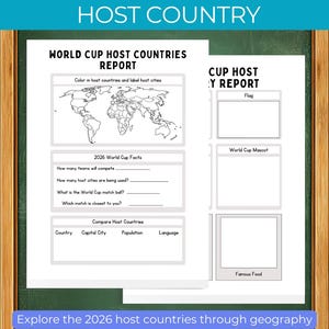 K&ouml;nnte beinhalten: Ein Arbeitsblatt mit dem Titel "World Cup Host Countries Report" mit einer Weltkarte und Abschnitten f&uuml;r Fakten und Vergleiche. Der Text "Erkunden Sie die Gastgeberl&auml;nder 2026 durch Geographie und Forschungsaktivit&auml;ten" ist ebenfalls sichtbar.