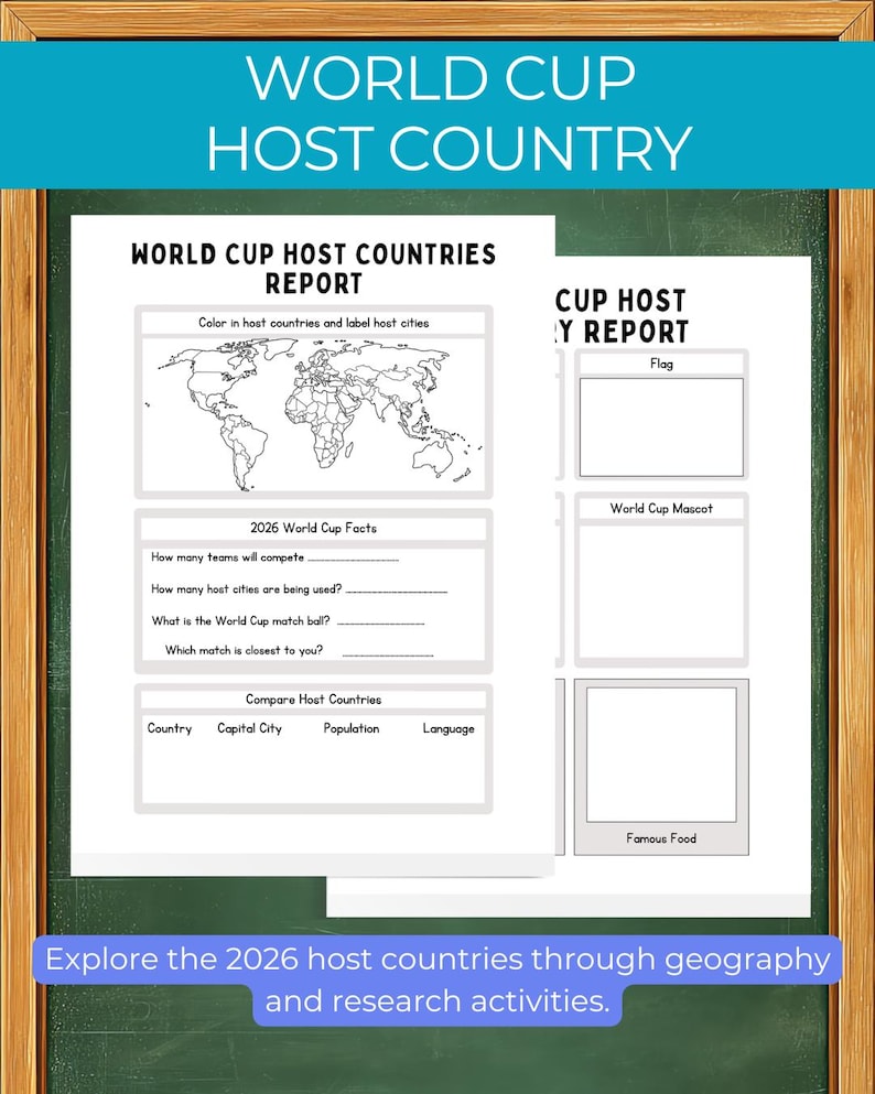 K&ouml;nnte beinhalten: Ein Arbeitsblatt mit dem Titel "World Cup Host Countries Report" mit einer Weltkarte und Abschnitten f&uuml;r Fakten und Vergleiche. Der Text "Erkunden Sie die Gastgeberl&auml;nder 2026 durch Geographie und Forschungsaktivit&auml;ten" ist ebenfalls sichtbar.