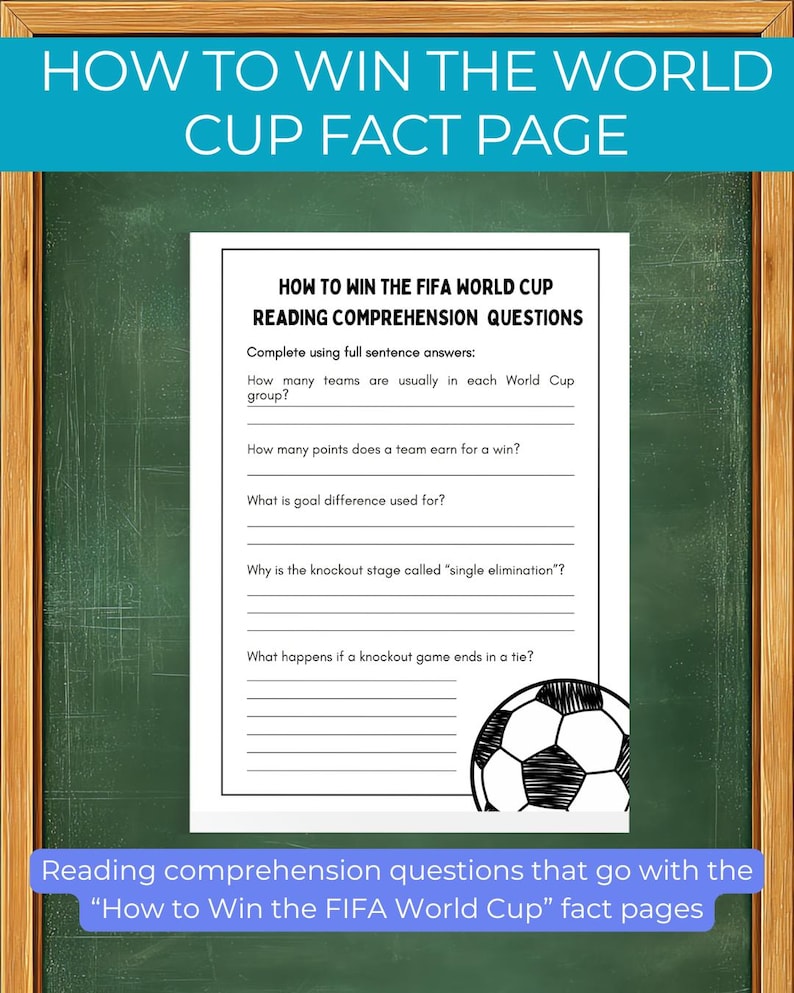 K&ouml;nnte beinhalten: Eine Faktenseite mit dem Titel "How to Win the World Cup" mit Leseverst&auml;ndnisfragen zur FIFA Fussball-Weltmeisterschaft. Die Seite enth&auml;lt Fragen zu Teamzahlen, Punkten, Tordifferenz und der K.-o.-Runde, mit einer Fussballgrafik.