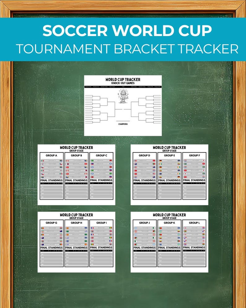 K&ouml;nnte beinhalten: Eine gr&uuml;ne Tafel mit Holzrahmen zeigt einen Fu&szlig;ball-Turnier-Bracket-Tracker. Das obere Banner lautet "SOCCER WORLD CUP TOURNAMENT BRACKET TRACKER". Darunter befinden sich Tabellen f&uuml;r Gruppenphasen und K.-o.-Spiele mit Platz f&uuml;r Endergebnisse.
