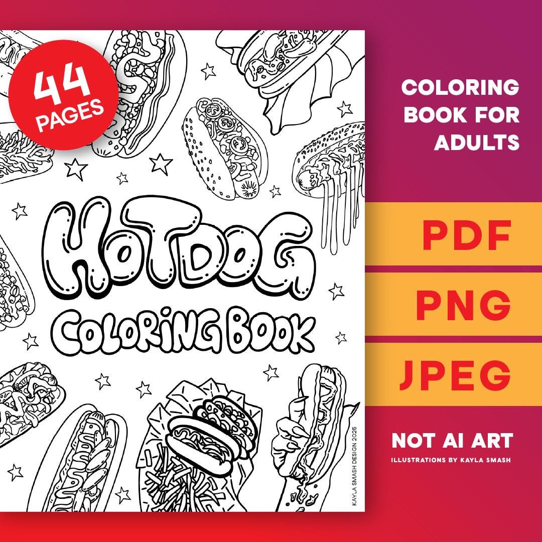 Libro para Colorear de Hot Dogs en PDF – 44 páginas imprimibles de comida rápida (PNG/JPEG), compatible con Procreate, de fácil a detallado