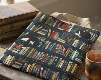 Tas voor boekenliefhebbers, polyester draagtas met katten- en boekenplankdesign