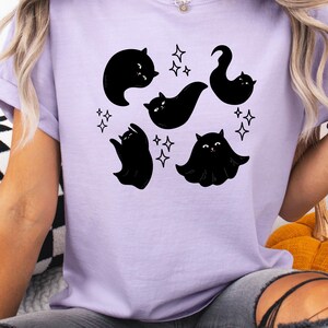 Black Cat Ghost Comfort Colors Halloween Unisex T-shirt, Spooky Cat Lover Tee, Summerween Shirt, Halloween Gift for Cat Lovers