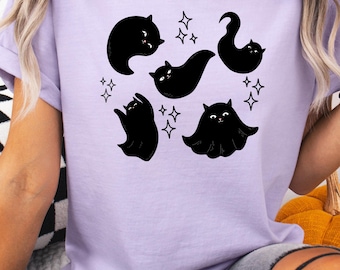 Maglietta di Halloween con fantasma gatto nero: colori spettrali e confortevoli