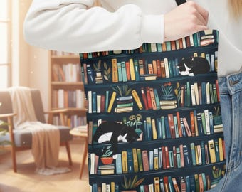Literary Cats on Bookshelf Tote Bag - Gift for Book Lovers