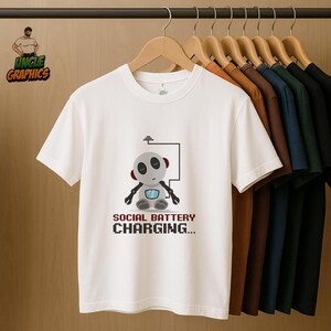 Social Battery Charging Robot   T-Shirt, Cute Robot Design, Unisex Tee, Charging Line Graphic Shirt, Fun Robot Graphic Tee