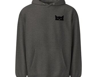 Unisex mid-weight hoodie with cat graphic, cotton blend, modern streetwear style