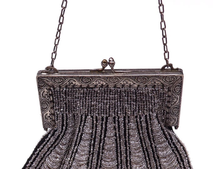 Antique 1920s Art Deco Silver Tone Frame W Clear Black Glass Beaded ...