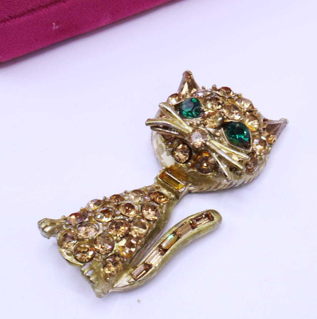 Vintage Signed Pell Light Gold Tone & Rhinestone Cat Pin Brooch B - Etsy