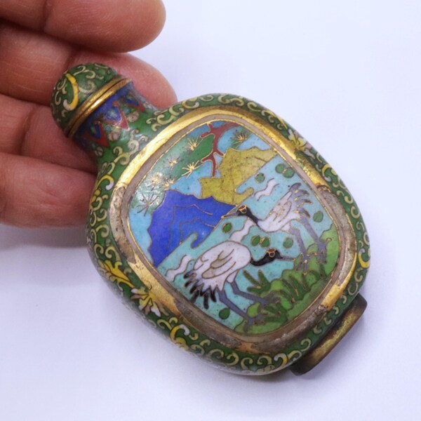 Antique 20's Chinese cloisonne snuff bottle crane w mountain lake
