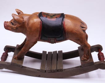 Vintage hand carved painted wooden pig folklore rocking 13”