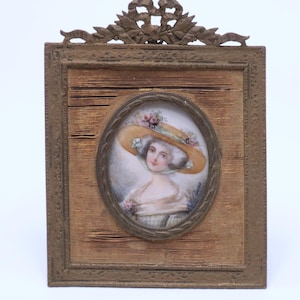 Antique signed Lucas 19th C miniature brass framed & hand painted portrait of lady of France