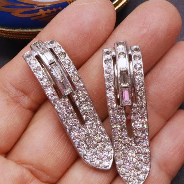 Vintage pair Art Deco silver tone clear rhinestone dress clip