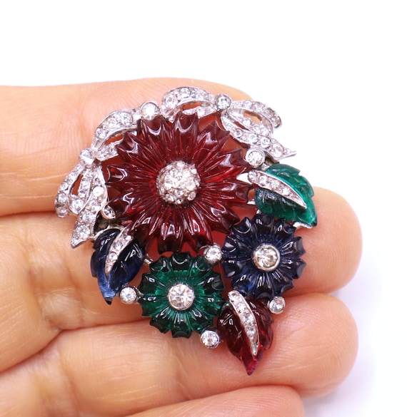 Vintage unsigned mazer tricolor fruit salad flower bouquet brooch