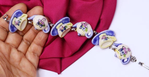 Vintage silver tone & ceramic teapot tea cup set link bracelet