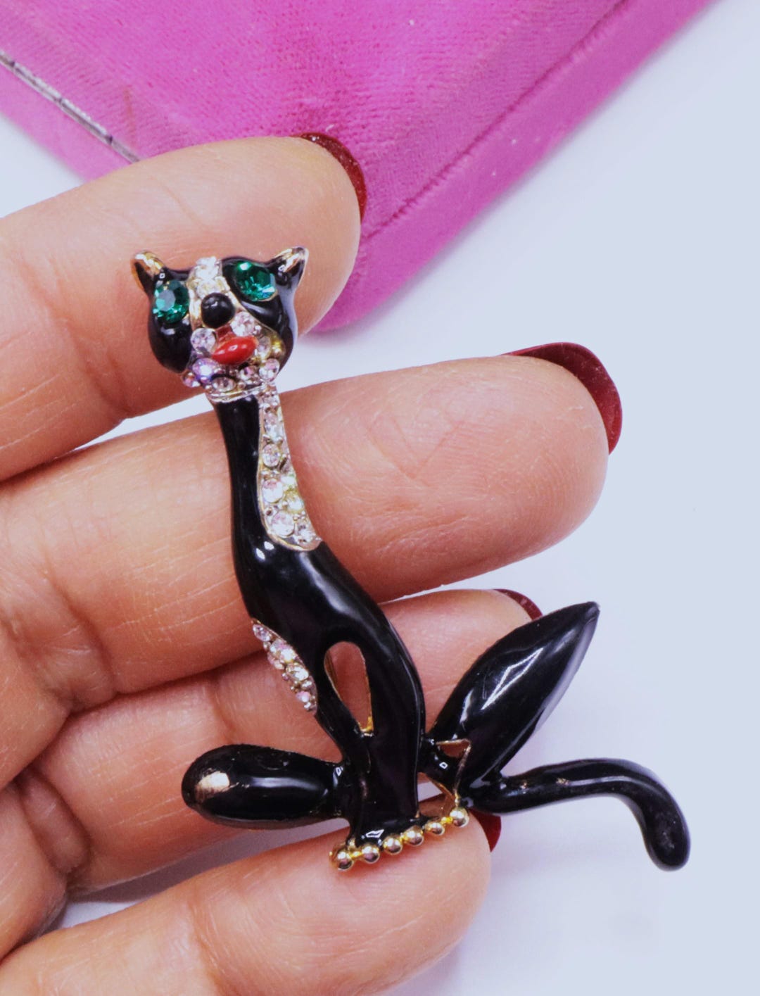 Vintage Gold Tone Black Enamel Rhinestone Cat Pin Brooch - Etsy