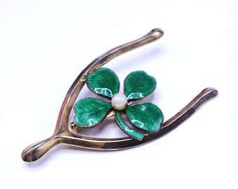 Vintage gold tone green animal Good Luck wishbone w faux pearl pin brooch