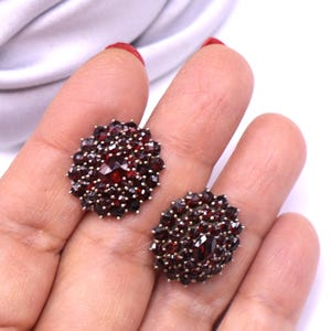 May include: A pair of round cluster earrings featuring numerous small, faceted deep red garnet gemstones set in a circular arrangement. Each earring has a larger central garnet surrounded by multiple smaller stones in a dense, multi-layered floral-like pattern.