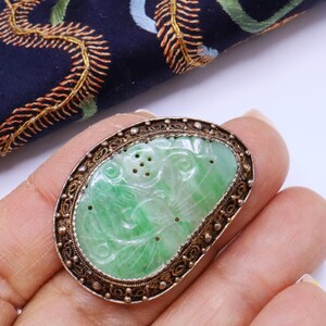 Broche Ancienne Art Déco En Argent Massif Et Jade Chinois - Bijou Vintage D'occasion