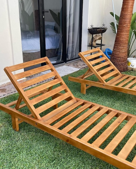 Wooden Outdoor Lounge Chair, Adjustable Sun Lounger, Patio