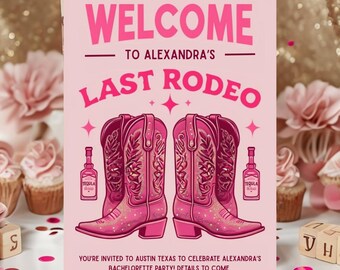Invitación rosa de despedida de soltera al estilo del Oeste, invitación editable de Last Rodeo, botas vaqueras texanas, descarga digital, plantilla de Canva, fiesta del Oeste
