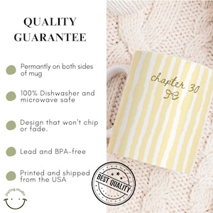 May include: A yellow and white striped mug with the text "chapter 30" and a bow graphic. The mug is on a cream-colored knitted surface. The mug is dishwasher and microwave safe.