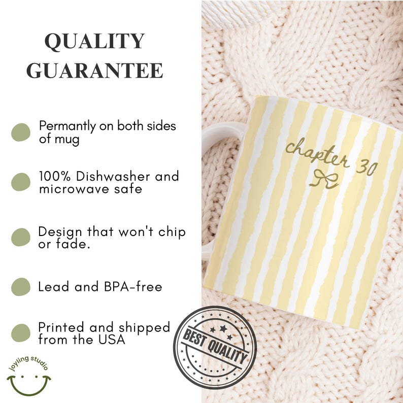 May include: A yellow and white striped mug with the text "chapter 30" and a bow graphic. The mug is on a cream-colored knitted surface. The mug is dishwasher and microwave safe.
