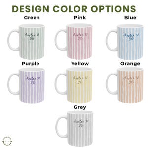 May include: Collection of ceramic mugs in various colors, each with vertical striped patterns. The mugs are in green, pink, blue, purple, yellow, orange, and grey. Each mug has the text "chapter 30" and a bow graphic.