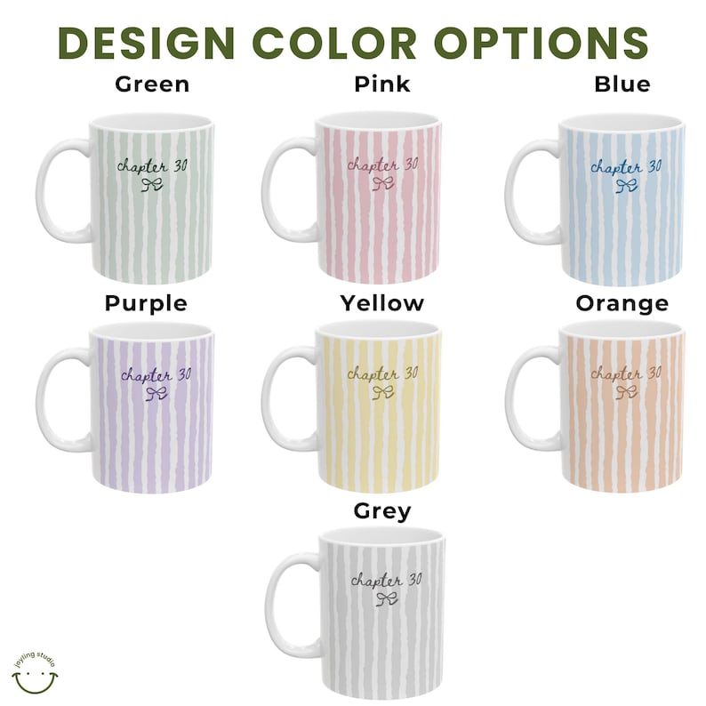 May include: Collection of ceramic mugs in various colors, each with vertical striped patterns. The mugs are in green, pink, blue, purple, yellow, orange, and grey. Each mug has the text "chapter 30" and a bow graphic.