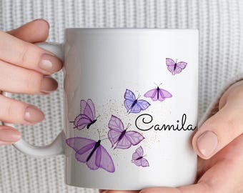 Personalized Butterfly Mug With Custom Name, Purple Butterfly Coffee Cup, Gift For Her, Memorial Or Teacher Gift, Birthday Gift For Women